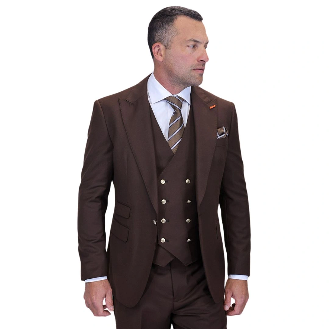 “Aether Crest: Verfijnde Bruine 3-delige Modern Fit Jascollectie – Eenvoudig Luxe.”